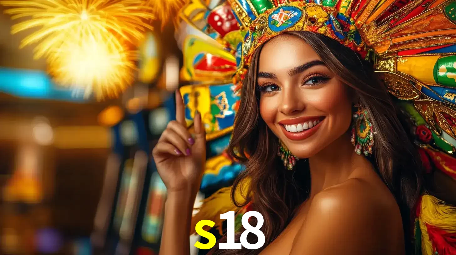 Mulher sorridente com um cocar de carnaval vibrante e colorido, celebrando uma grande vitória nos jogos do cassino s18 com fogos de artifício ao fundo.