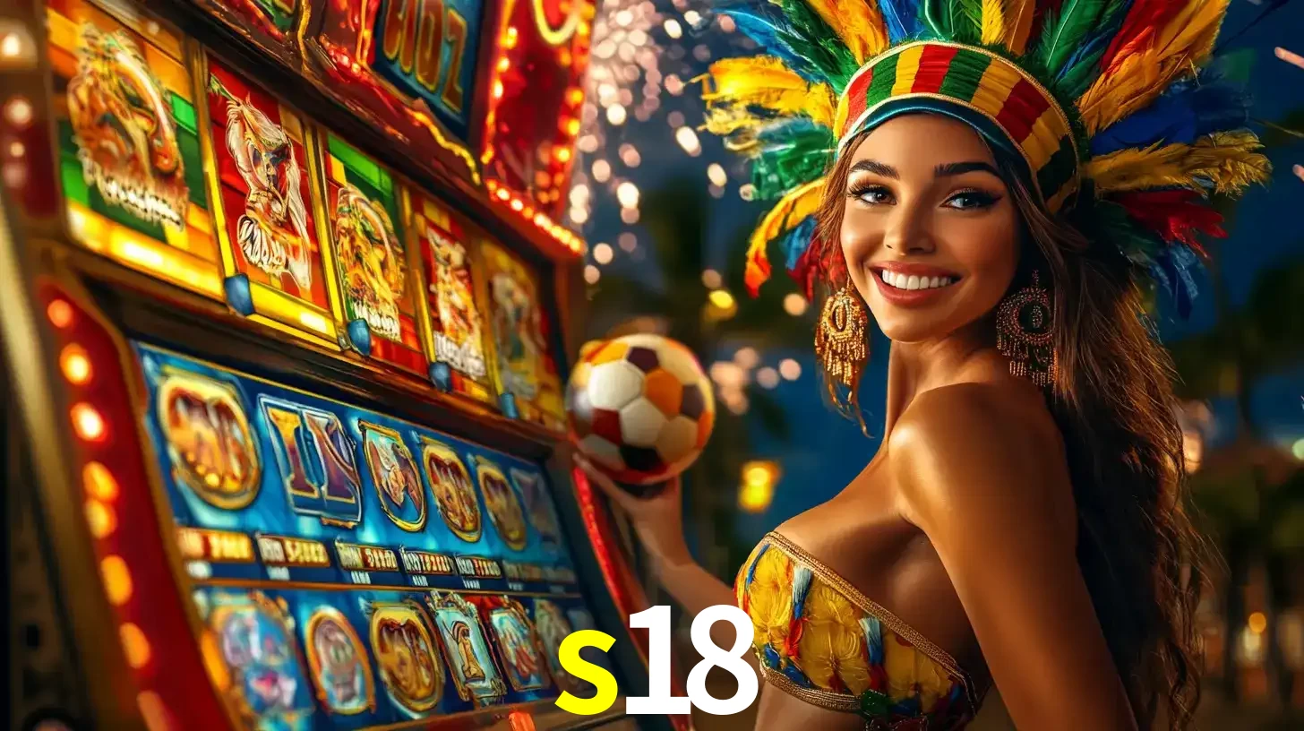 Mulher com um cocar de carnaval ao lado de uma máquina de caça-níqueis enquanto segura uma bola de futebol, mostrando a união da diversão de cassino e esportes no s18.