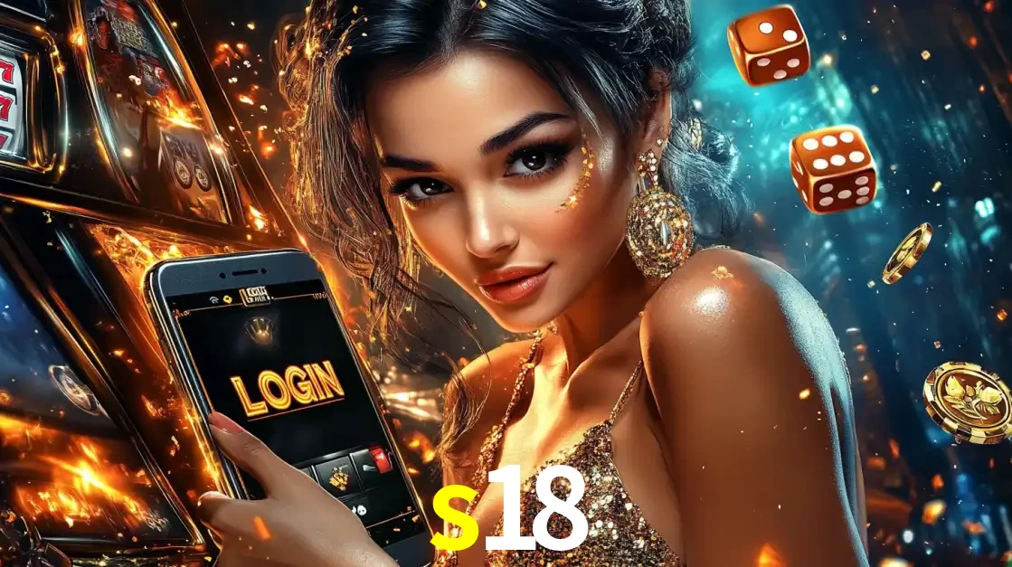 Mulher glamourosa segurando um celular com a tela de login do cassino s18, rodeada por dados e moedas douradas, pronta para começar a diversão.