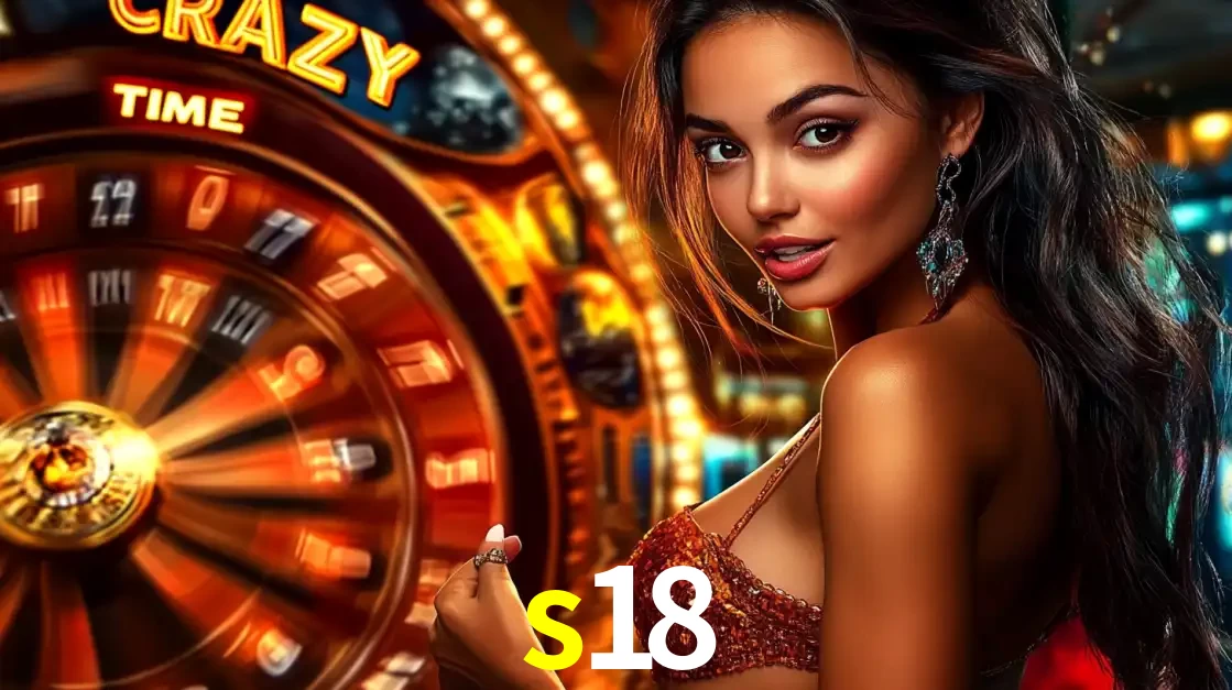 Mulher ao lado da roda de prêmios do jogo de cassino ao vivo Crazy Time, um dos shows de jogos mais emocionantes oferecidos pela plataforma de apostas s18.