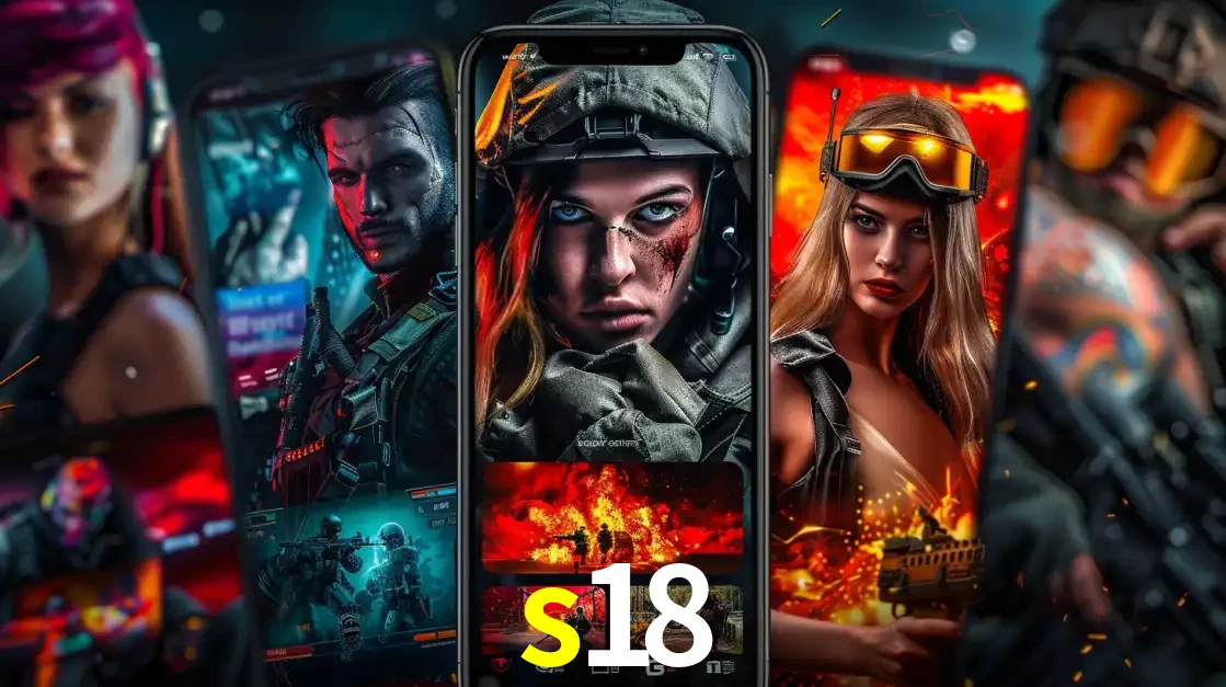 Montagem de telas de celular mostrando diversos personagens, masculinos e femininos, de um jogo de tiro, ilustrando a diversidade de equipes de e-sports para apostar no s18.