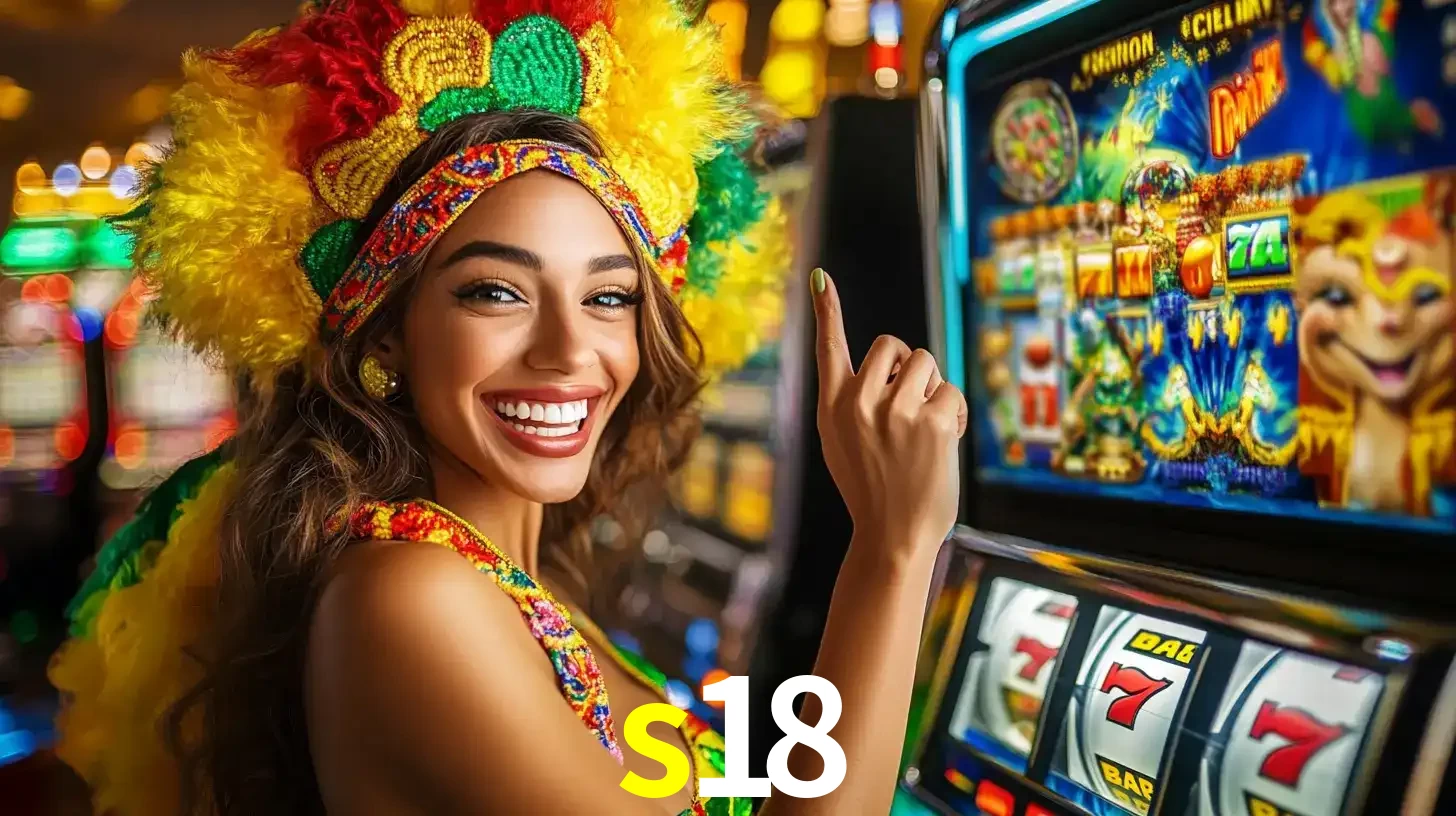 Mulher animada com um cocar de carnaval apontando para uma máquina de caça-níqueis, mostrando a emoção de ganhar um grande prêmio nos jogos do s18.