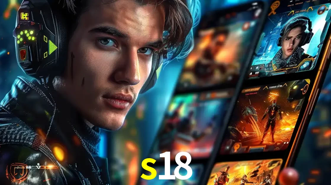 Jovem jogador com fones de ouvido olhando para a câmera, com um aplicativo de jogos e e-sports para celular ao fundo, pronto para a competição e apostas no s18.