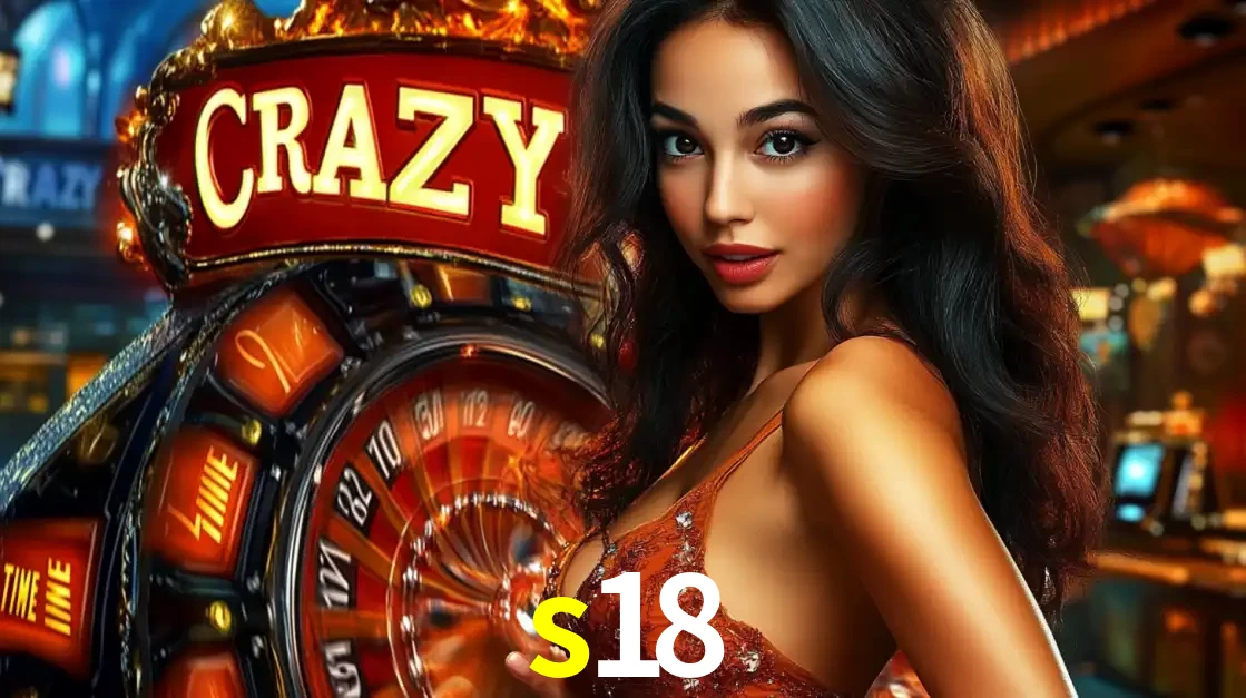 Mulher glamourosa olhando para a câmera com a roda vermelha do Crazy Time ao fundo em um ambiente de cassino, destacando a emoção dos jogos ao vivo no s18.