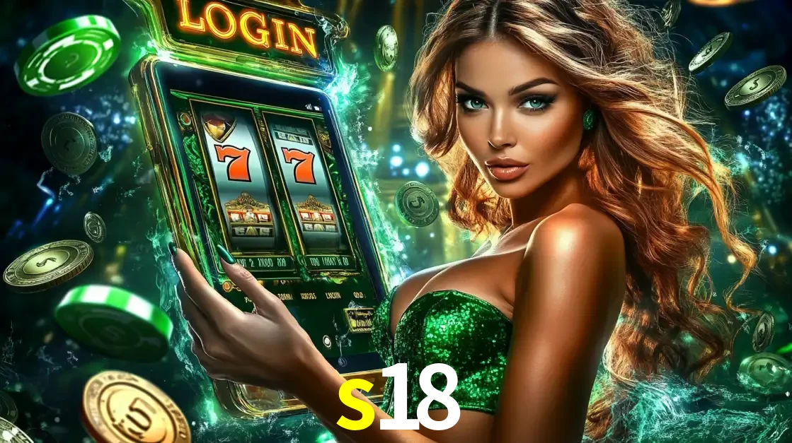 Mulher com tema verde apresentando o aplicativo do cassino s18 com um jogo de slot de 777, cercada por fichas de cassino e uma aura de sorte.