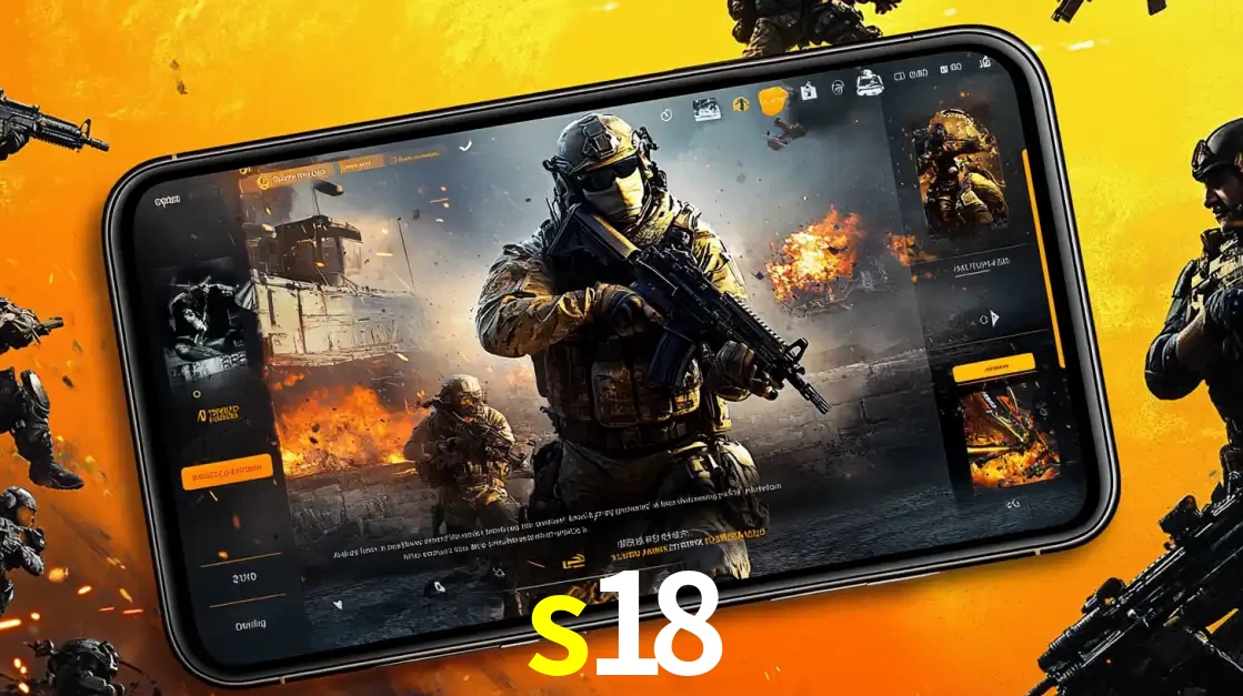 Um smartphone exibindo a interface de um jogo de tiro em primeira pessoa, com um soldado em um cenário de batalha, representando a ação dos e-sports para apostar no s18.
