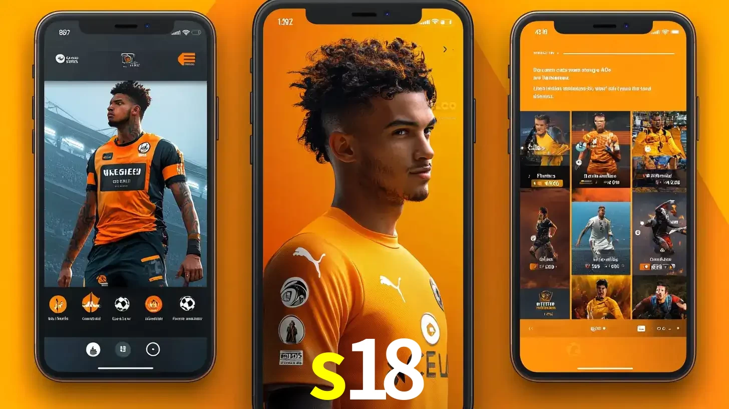 Interface do aplicativo de apostas esportivas s18 em três telas de celular, mostrando o perfil de um jogador de futebol e a lista de jogos disponíveis para apostar.
