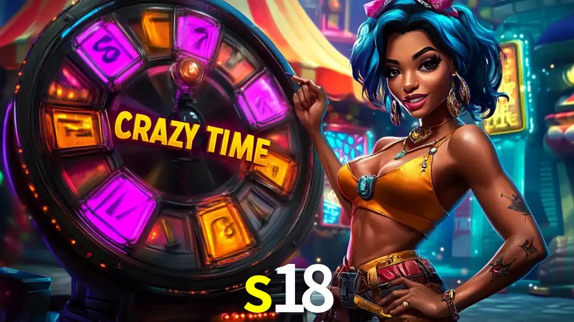 Mulher estilizada com cabelo azul e visual vibrante posando ao lado da roda de prêmios do game show Crazy Time, convidando para a diversão e os bônus do cassino s18.