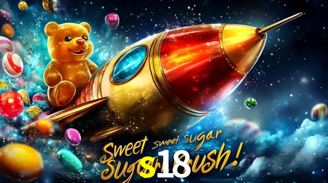 Arte promocional do jogo de slot Sugar Rush, com um urso de pelúcia em um foguete viajando pelo espaço de doces, um dos jogos divertidos disponíveis no cassino s18.