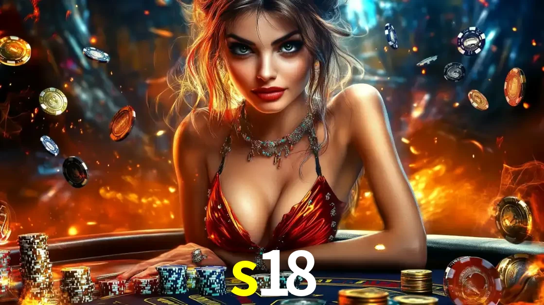 Mulher em uma mesa de cassino com pilhas de fichas e um fundo de fogo, pronta para uma rodada de altas apostas nos jogos de mesa emocionantes do cassino s18.