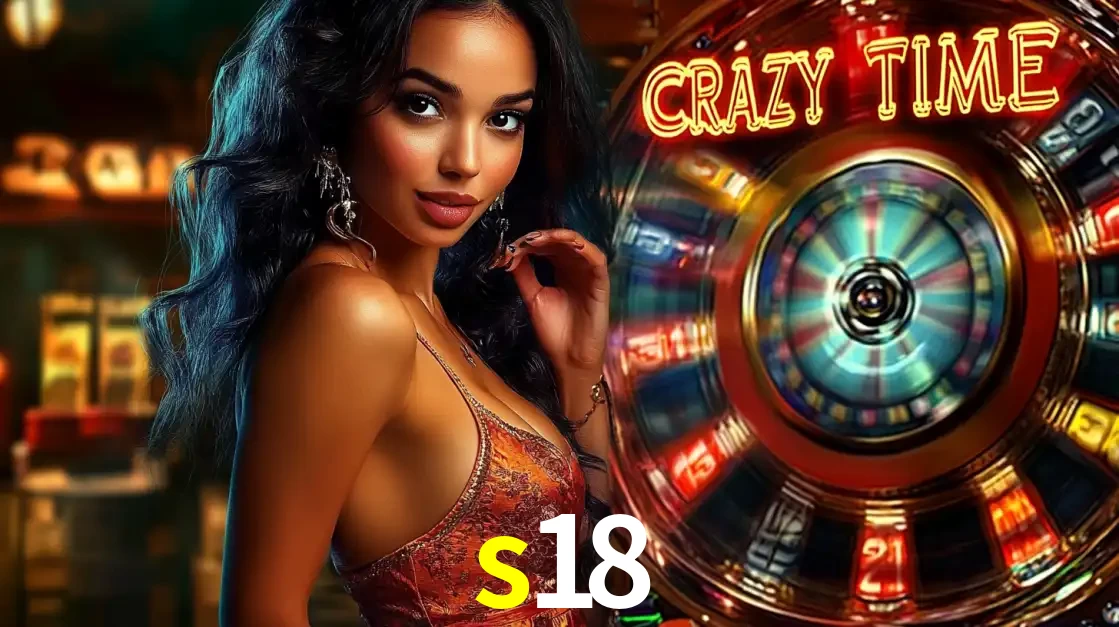 Mulher elegante ao lado da vibrante roda da fortuna do jogo de cassino ao vivo Crazy Time, um dos game shows mais populares e cheios de prêmios do s18.