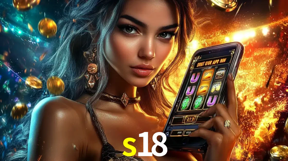 Mulher elegante mostrando um jogo de caça-níqueis em seu smartphone, destacando a experiência de cassino móvel oferecida pelo aplicativo s18.