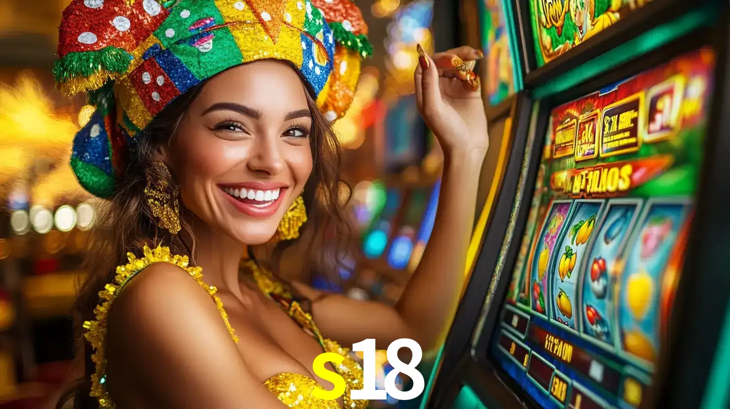 Mulher feliz com traje de carnaval amarelo e colorido ao lado de uma máquina de caça-níqueis, aproveitando a diversão e os jogos temáticos do cassino s18.