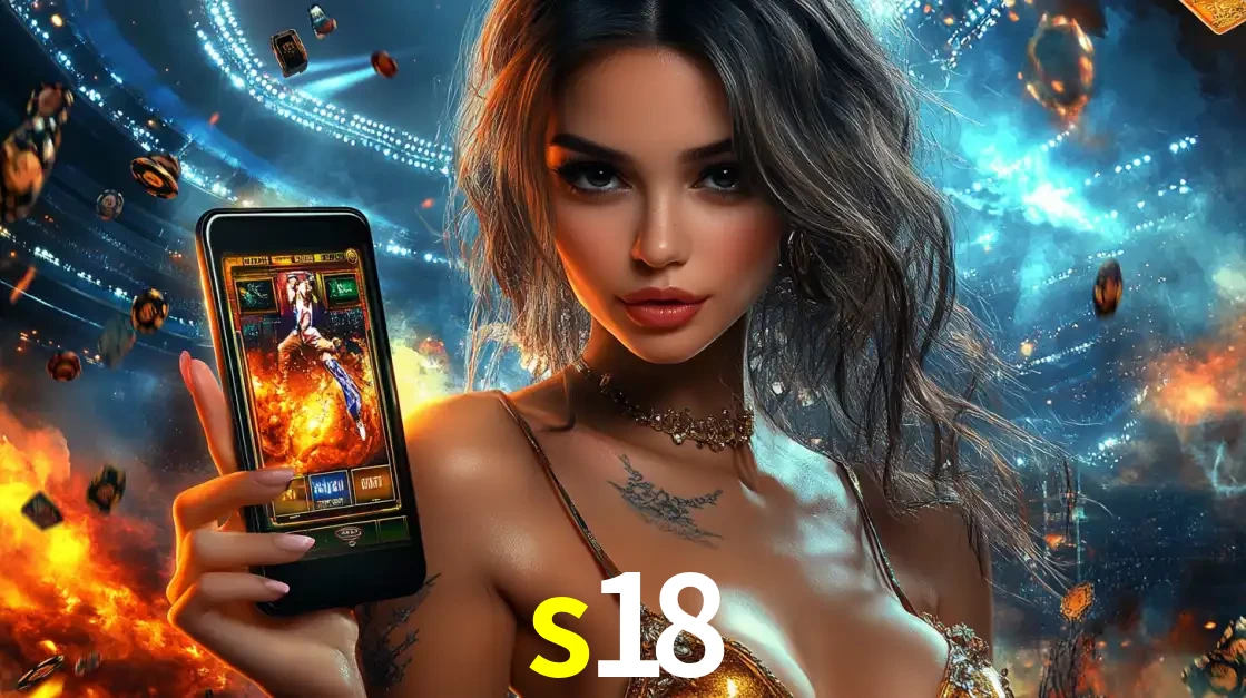 Mulher segurando um celular com um jogo de slot em destaque, tendo como fundo um estádio vibrante, simbolizando a emoção de jogar no cassino móvel s18.