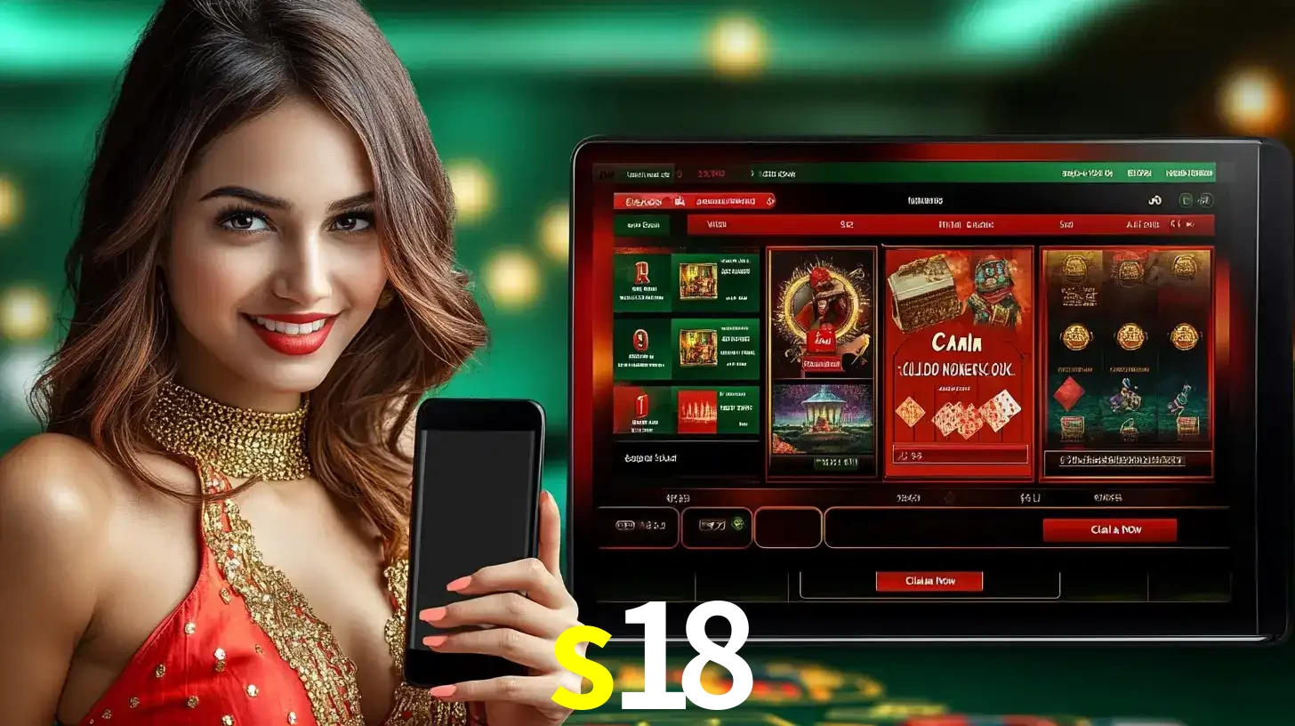 Mulher sorridente segurando um smartphone, ao lado de uma tela exibindo o lobby de jogos do cassino online s18, com várias opções de jogos de cartas e slots.